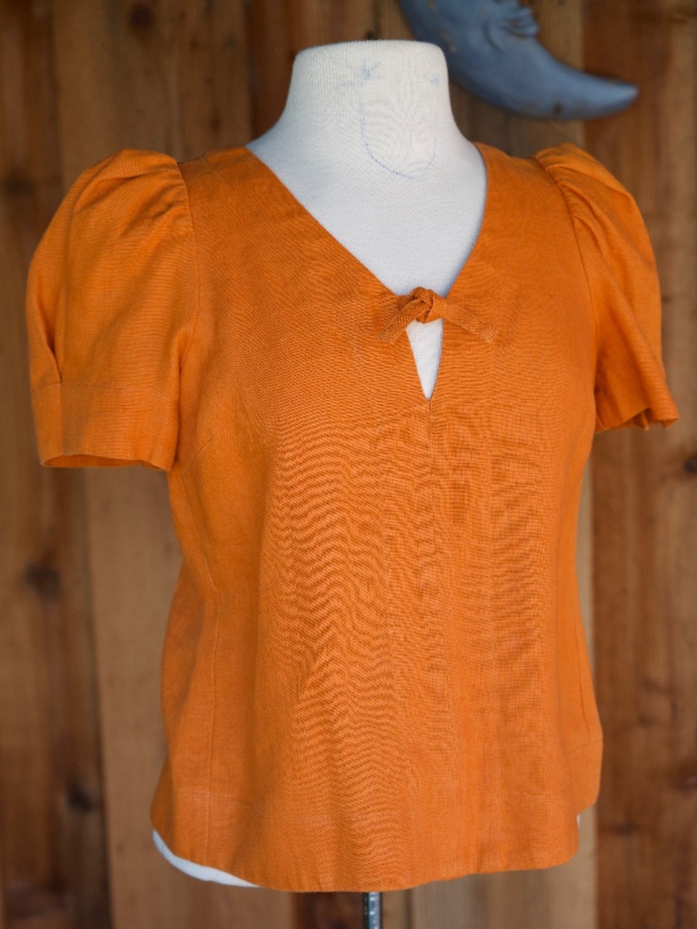 SEA New York 100% Linen Burt Orange Puff Sleeve Knot Top Woman's S